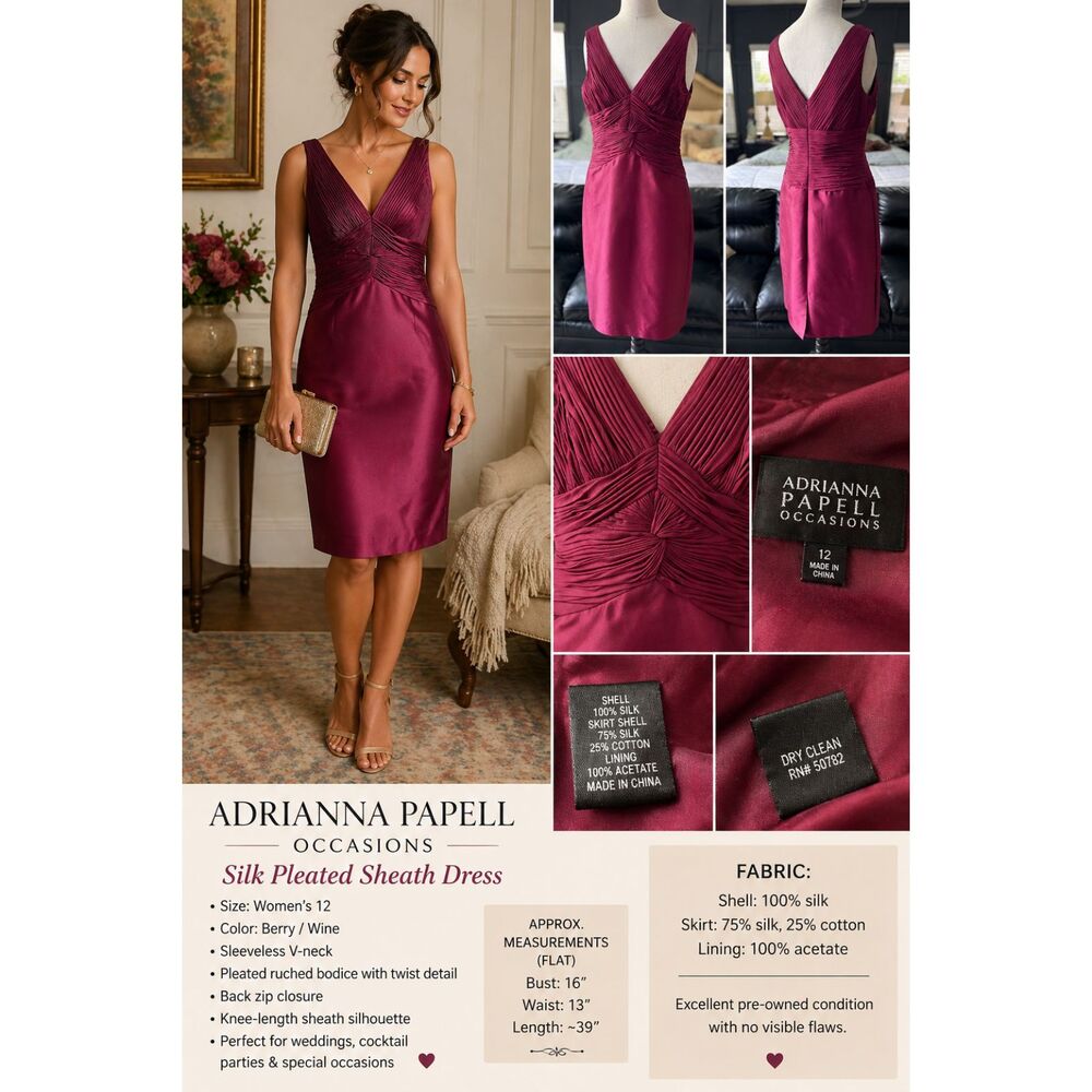 Adrianna Papell Silk Berry Pleated Sheath Dress Sz 12 Cocktail Wedding